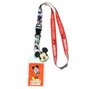 Disney Mickey Mouse Fun Starts Here Cordón con soporte para tarjeta de identificación y dije de goma de Mickey de 5 cm