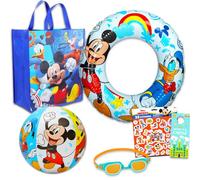 Disney Mickey Mouse Ultimate - Juego de 6 juguetes de piscina de Disney con bola de Mickey Beach, anillo de natación, gafas y bolsa con cordón, pegatinas y más (juego de regalo de Mickey Mouse)