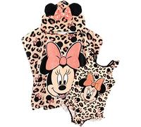 Disney Minnie Mouse - Conjunto de traje de baño y poncho de toalla con capucha para niña, talla única, traje de baño para niños, toalla de baño infantil con orejas 3D, regalo rosa, rosa, 3-4 años