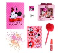 Disney Minnie Mouse Juego de Papelería, Incluye 1 Boligrafo Pom Pom, Lentejuelas, Pegatinas, Cuaderno Candado y Llaves, Regalo Set de Papeleria para Niñas