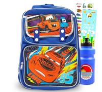 Disney Mochila de Cars para niños - Paquete con mochila escolar PIxar Cars de 15.5 pulgadas con bolsillos delanteros, botella de agua, calcomanías, más | Mochila Lightning McQueen para niños