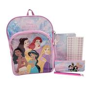 Disney Mochila de princesa para niñas - Paquete de mochila escolar con estuche, cuaderno, calcomanías y lápices | Ariel, Belle, Moana, Jasmine y Rapunzel Juego de regalo de papelería de princesa