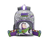 Disney Mochila gris para niño de Buzz Lightyear de Toy Story | Mochila escolar con cremallera y bolsillo frontal con cara de personaje en 3D | Panel de malla con múltiples compartimentos