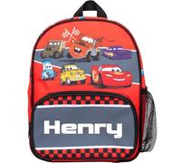 Disney Mochila personalizada Cars para niños, bolsa de guardería de malla para botella de agua y bolsillos delanteros con cremallera, personalizable con cualquier nombre, Rayo Mcqueen rojo, rosso