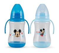 Disney Paquete de 2 biberones de bebé de 10 onzas con estampados de personajes y cubiertas de colores con doble asa, sin BPA y fácil de limpiar