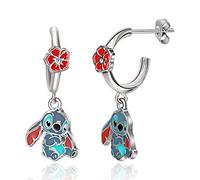Pendientes Disney Lilo y Stitch - Pendientes Colgantes de Latón con Flores de Hibisco Esmaltadas y Costuras - Con licencia oficial