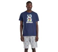 Disney Pijama Hombre Mickey NY Summer de Algodón con Manga Corta Cuello Redondo Pantalón Corto Estampado de Rayas Detalles en Relieve y Verano Color A