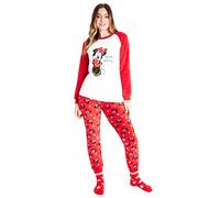 Disney Pijama Mujer Invierno de Polar con Calcetines Stitch Mickey Minnie Baby Yoda (Blanco/Rojo Minnie, S)