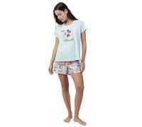 Disney Pijama Mujer Manga Corta Holiday Vibes de Algodón con Cuello Redondo Pantalón Corto Punto Slub Relieve Brillo y Diseño de Verano Color Azul Talla L