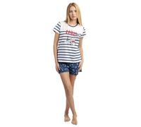 Disney Pijama Mujer Marie Paris de Algodón con Manga Corta Cuello Redondo Pantalón Corto Raya Estampada Aplique de Piedras y Verano Color Azul Talla L