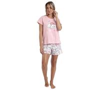 Disney Pijama Mujer Sleepy Marie de Algodón con Manga Corta Cuello Redondo Pantalón Corto Estampado Detalles de Brillo y Diseño de Verano Color Rosa T