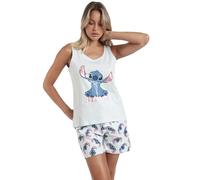 Disney Pijama Mujer Verano 100% Algodón - Pijama Sin Mangas Stitches para Mujer - Pantalón Largo con Cinturilla Ajustable Estampado - Tejido Suave al