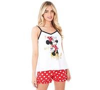Disney Pijama Mujer Verano, Conjunto Pantalones Cortos y Camiseta Tirantes con Personajes, Moda Mujer S-XL, Pijama Stitch Minnie Cruella Marie (Blanco/Rojo Minnie, L)