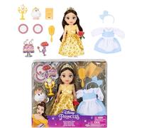 Disney Princess Belle Doll Be Our Guest Petite Belle Doll con Mrs. Potts & Lumiere, en vestido de baile amarillo y vestido de pueblo azul