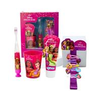 Disney Princess Kids - Kit de cuidado bucal para niños, contiene cepillo de dientes intermitente alimentado por pilas con cerdas suaves, pasta de dientes de menta, vaso multiusos y organizador de