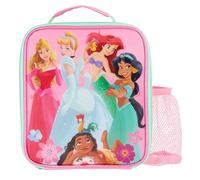 Disney Princess - Lonchera aislada con Aurora, Cenicienta, Ariel, Jazmín, Moana con forro antibacteriano y bolsillo de malla para botellas, rosa, para la escuela y viajes