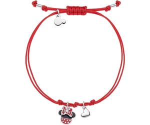 Disney Pulsera de plata para niñas con Minnie y corazón colgante, adornado con esmalte - Rojo Negro y Blanco cordón de macramé rojo