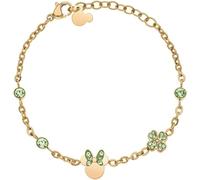 Disney Pulsera Minnie de acero médico antialérgico dorado, con cristales verdes y trébol de cuatro hojas. Ajustable (13+5 cm), para mujeres y niñas. Lista para regalar. Joya oficial