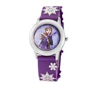 Disney Reloj Frozen para niñas de 4 a 7 años, princesa con esfera de personajes, gran regalo para los fanáticos de Frozen, bisel plateado y correa de nailon morado, compra y obtén 1 reloj misterioso