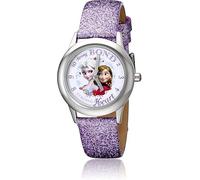 Disney Reloj Frozen para niñas de 4 a 7 años, princesa con esfera de personajes, gran regalo para niños, bisel plateado y correa de cuero morado brillante, compra y obtén 1 reloj misterioso gratis