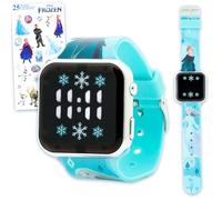 Disney Reloj Frozen para niños - Paquete con reloj digital LCD para niños con correas con calcomanías Elsa Plus | Reloj de pulsera Frozen fácil de leer para niñas