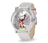 Disney Reloj Minnie Mouse para mujer, correa de cuero plateado brillante, esfera blanca, caja plateada, elegantes relojes Minnie para mujer, elegante reloj de ratón, regalo perfecto para fanáticos