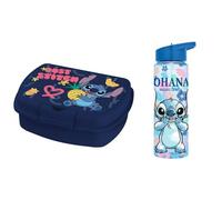 Disney Sandwichera Infantil de Stitch, sin BPA, con cierre de seguridad + Botella Stitch Ohana 600 ml con pajita y asa incorporada