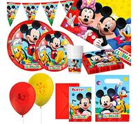 Disney - Set de fiesta Mickey Mouse, Decoración cumpleaños Mickey Mouse, Kit fiesta de cumpleaños, Vajilla infantil desechable, (globos, platos, banderines, vasos, servilletas), 8 comensales, (71993)