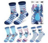 Disney Stitch - 4 pares de calcetines de algodón para niños, regalo ideal para niños, empaquetados en cilindro de plástico redondo para dinero, multicolor, 3-6 años