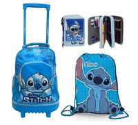 Disney Stitch Azzurro Zaino Trolley Grande Con Ruedas + Neceser + Bolsa Escuela