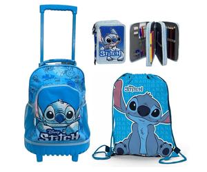 Disney Stitch Azzurro Zaino Trolley Grande Con Ruedas + Neceser + Bolsa Escuela