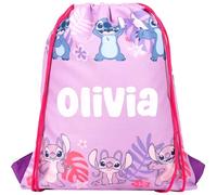 Disney Stitch - Bolsa de polietileno personalizada con cordón para niños, bolsa de escuela o natación para niñas, mercancía personalizada para niñas, color rosa, rosa