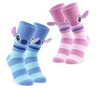 Disney Calcetines Antideslizantes Mujer, Pack de 2 Calcetines de Casa Stitch y Angel (Rosa/Azul Rayas)