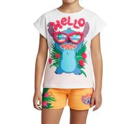 Disney Stitch Camiseta y Pantalón Corto para Niña, Pijama Algodón Suave, 'Hello' Stitch Conjunto 2 Piezas Verano, Talla 8 Años - Naranja