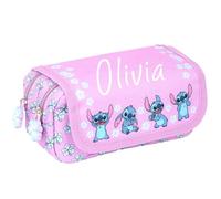 Disney Stitch - Estuche para lápices personalizado, color morado, bonito estuche escolar personalizado para niñas, 2 compartimentos grandes, bolsa de papelería, Purple