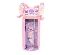 Disney Stitch - Estuche portalápices de peluche cilíndrico con cabeza 3D | Juego de papelería con bolígrafo, lápiz, bloc de notas, goma y sacapuntas, Rosa Stitch, Estuche
