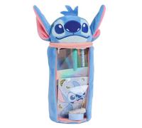 Disney Stitch - Estuche portalápices de peluche cilíndrico con cabeza 3D | Juego de papelería con bolígrafo, lápiz, bloc de notas, goma y sacapuntas, Azul Stitch, Estuche
