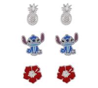Disney Stitch Girls - Juego de pendientes chapados en plata con diseño de flores tropicales de 3 piezas