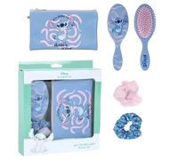 Disney Stitch Hair - Juego de accesorios de belleza para niñas, cepillo para el pelo + bolsa de cosméticos + 2 coleteros de puntada, juego de regalo de 4 piezas