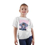 Disney Stitch Happy Face Girls' Camiseta - Adorable Cartoon Graphic tee with Pink Floral Acents - Smiling Stitch Design, Blanco, 8 Años