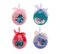 Disney Stitch - Juego de 4 bolas de Navidad de 80 mm, diseños divertidos con cintas en la parte superior