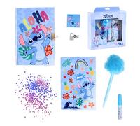 Disney Stitch Juego de Papelería, Incluye 1 Boligrafo Pom Pom, Lentejuelas, Pegatinas, Cuaderno Candado y Llaves, Regalo Set de Papeleria para Niñas