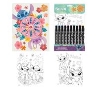 Disney Stitch Juego de Papelería, Incluye 12 Ceras de Colorear, Cuaderno, Hojas de Colorear y 10 Rotuladores, Regalo Set de Papeleria para Niñas