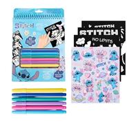 Disney Stitch Juego de Papelería para Niñas, Incluye Cuaderno 10 Hojas de Terciopelo para Colorear, 6 Rotuladores y Pegatinas, Regalo para Niñas