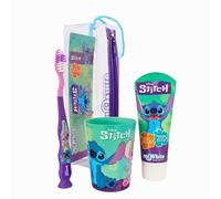 Disney Stitch Kids - Juego de cepillos de dientes con tapa protectora, ventosa y cerdas suaves, pasta de dientes con sabor a menta y vaso multiusos para niños a partir de 3 años