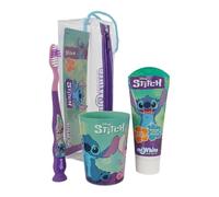 Disney Stitch Kids - Juego de cepillos de dientes con tapa protectora, ventosa y cerdas suaves, pasta de dientes con sabor a menta y vaso multiusos para niños a partir de 3 años