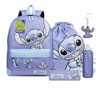 Disney Stitch Mochila Escolar Niña, Conjunto 5 Piezas Mochilas con Estuche Bolsa Botella Agua y Llavero, Regalos para Niñas (Azul)