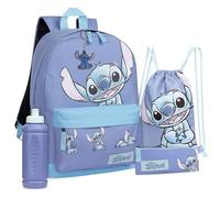 Disney Stitch Mochila Escolar Niña, Conjunto 5 Piezas Mochilas con Estuche Bolsa Botella Agua y Llavero, Regalos para Niñas (Lila)