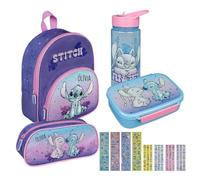 Disney Stitch - Mochila infantil con bolsillo delantero (2 compartimentos, 25,5 x 30,5 x 10 cm), Set 3 Lilo & Stitch Lila