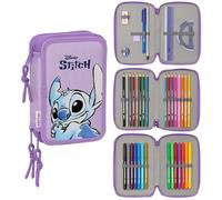 Disney Stitch Morado Estuche 3 Zips Completo 37p Accesorios Lápices De Colores